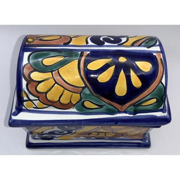 Talavera Mexican Trinket Jewelry Box Hand Painted Pottery Folk Art Signed - Picture 2 of 9